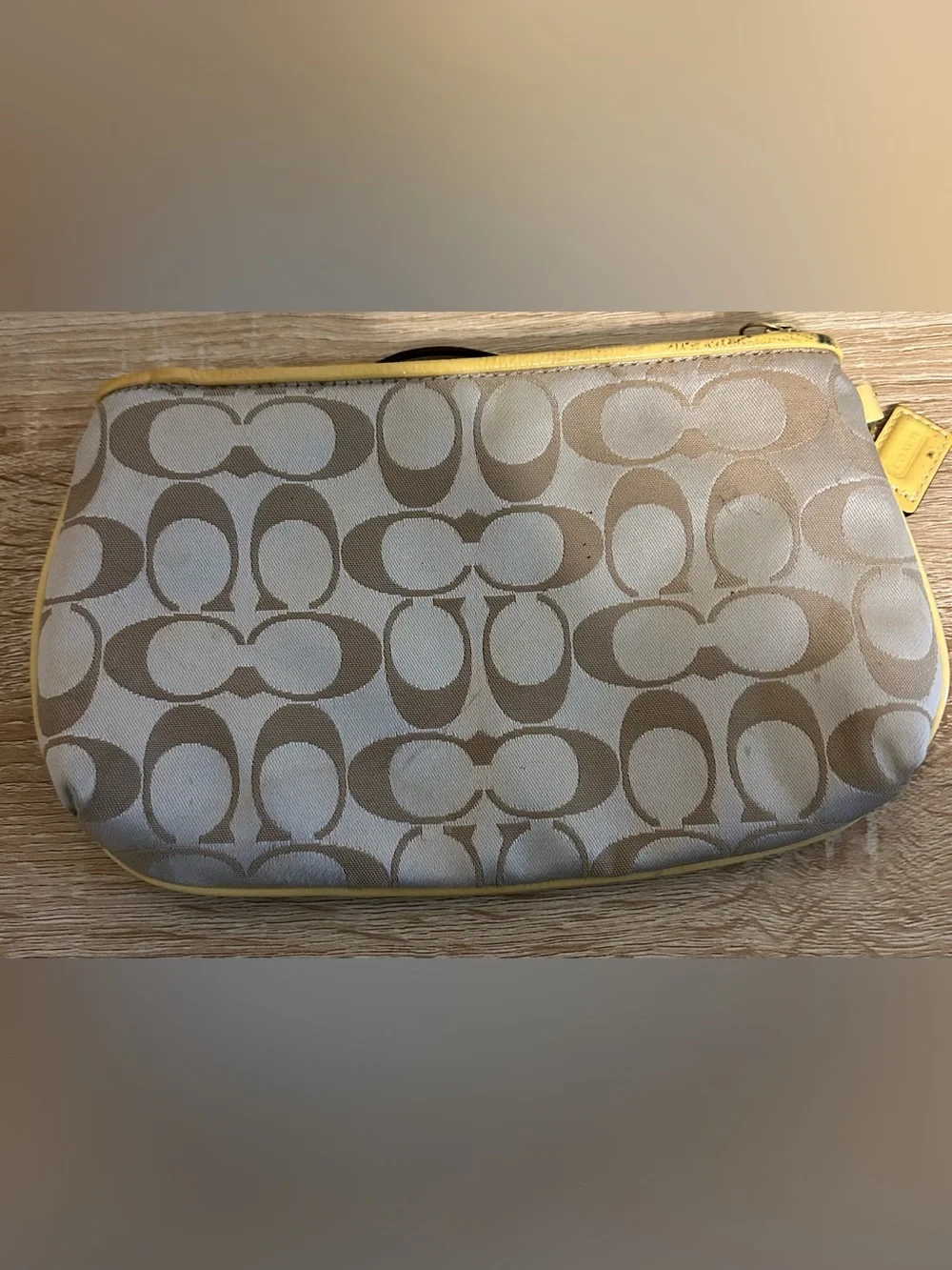 Coach Beige Signature Clutch with Yellow Trim